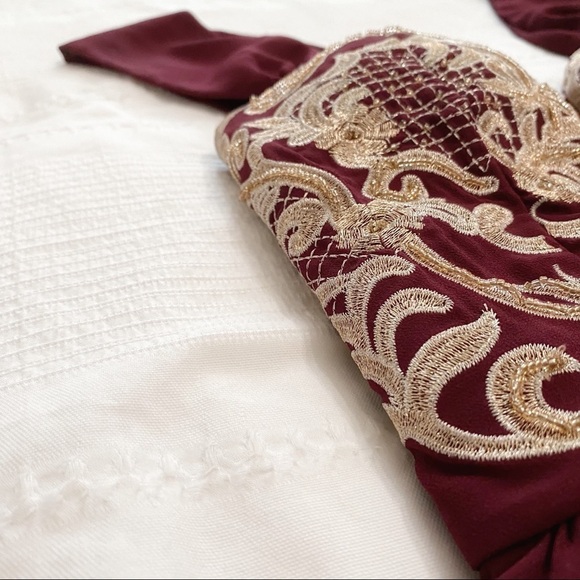 Soiéblu BURGUNDY CREAM BEADED CHIFFON CORSET FORMAL EVENING BALL GOWN DRESS - Picture 10 of 12